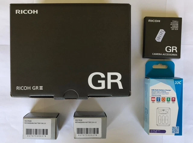 Ricoh GR III, APS-C, f/2.8, 24.2MP + 2 spare batteries, triple charger, ring cap