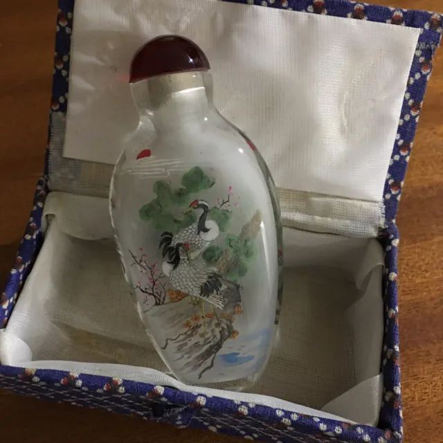 Vintage Chinese Hand Painted Small Glass Bottle With Case