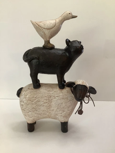 Unusual Faux Leather Farmyard Stacked Animals Sheep Cat Duck Figurine