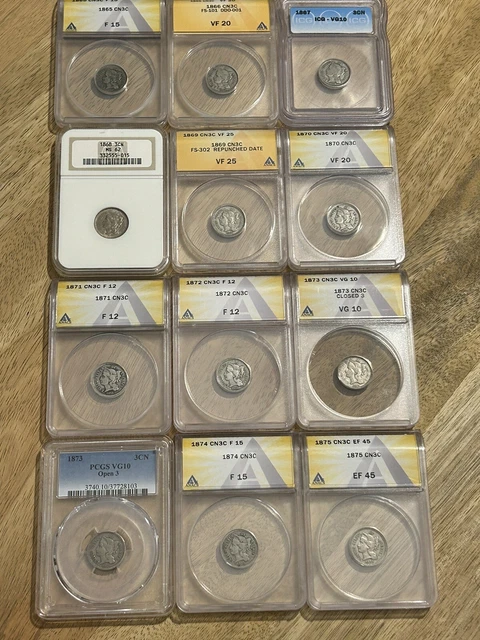 1865-1875 3CN Three Cent Nickel Lot 12 Coins - All Certified All Straight Graded 1865-1875 3CN Three Cent Nickel Lot 12 Coins - All Certified All Straight Graded