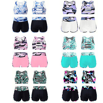 Kid Girls Athletic Outfit Sport Bra Crop Top Booty Shorts Sets Gymnastic Leotard