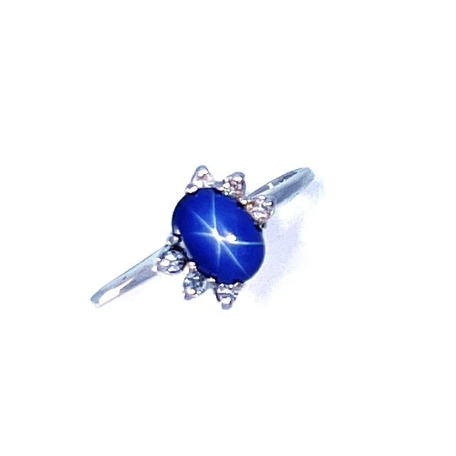 Mercury 14KW Gold Lab Created Linde Blue Star Sapphire Diamond Ring 2.6g Sz8.5