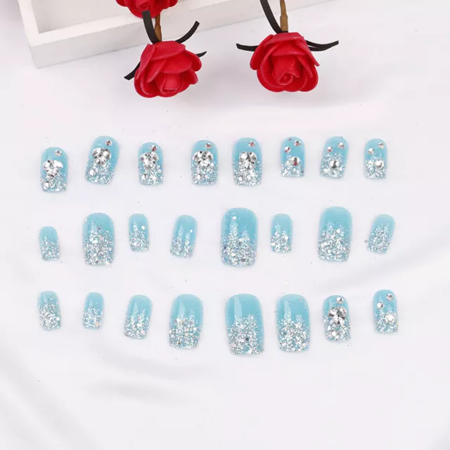 24 Pcs/Set Glitter Blue Bride 3D Fake Nails Wrapped Tips Artificial False   L TS
