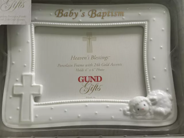 Rare GUND Porcelain Baby's Baptism photo frame with 24k gold accents - New