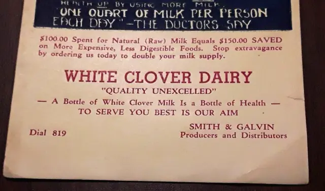 1938 WHITE CLOVER DAIRY Drink More Milk Card CALENDAR Exchange 819 Smith Galvin