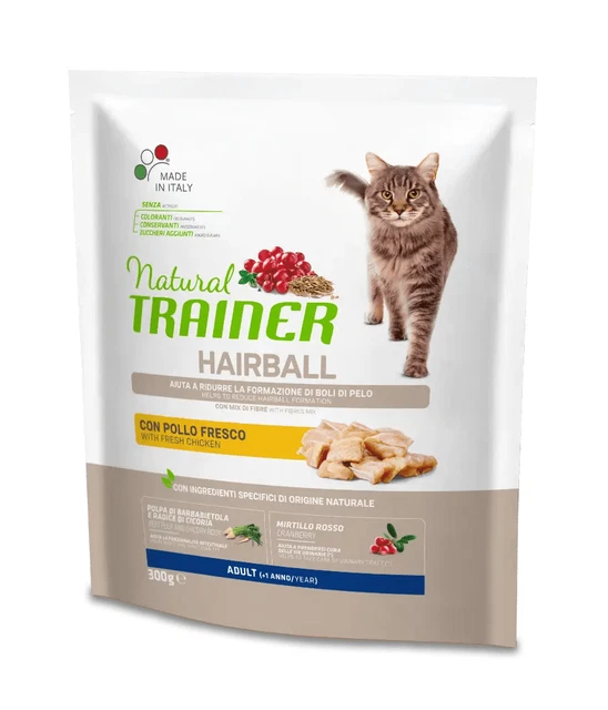 x12 Natural Trainer Cibo Secco Hairball Adult con Pollo Fresco Gatto Croccantini