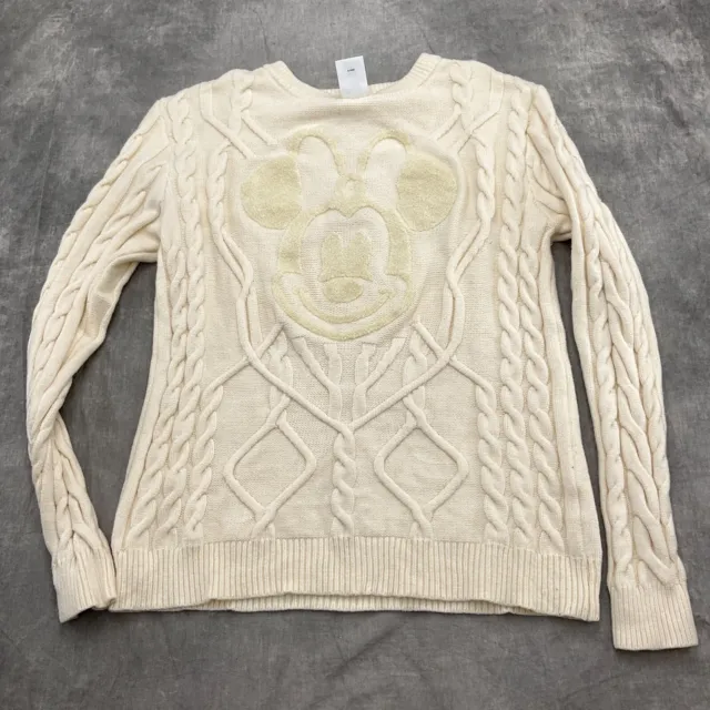 Disney Sweater Women Medium Ivory Cable Knit MINNIE MOUSE Large Logo Classic