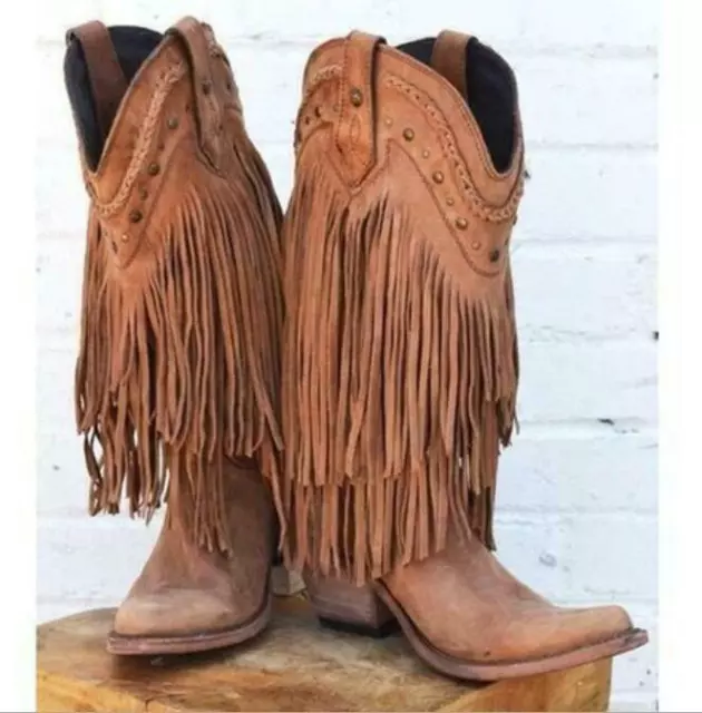 Womens Fringe Tassel Studs Boho Pull On Mid Claf Boots Shoes Chic Block Heel