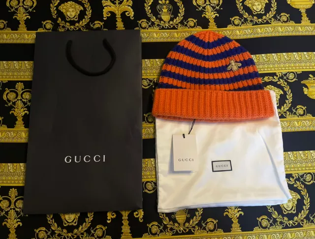 Nuevo Con Etiquetas 100% Gucci Auténtico Oro Abeja Gorro Rayas Naranja Azul Sz M