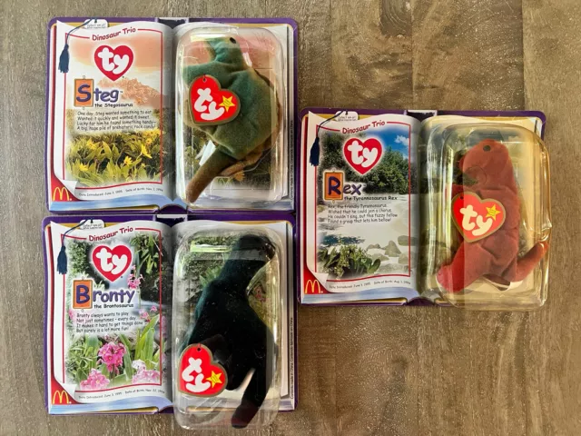 3 Ty Beanie Babies Bronty Rex Steg Dinosaur Trio McDonalds 2000