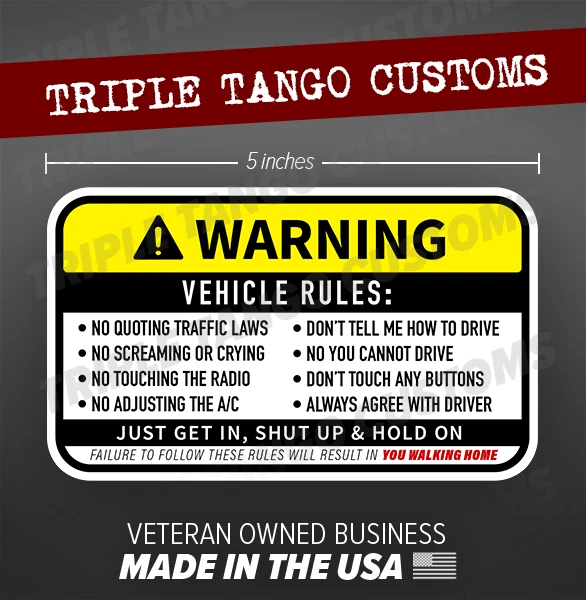 VEHICLE RULES FUNNY Bumper Sticker Car Truck Window Decal Safety