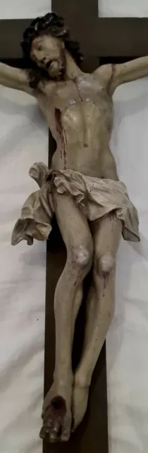 BAROCK CHRISTUS am KREUZ mit WACHSSIEGEL SKULPTUR HOLZ JESUS FIGUR 18.Jhd