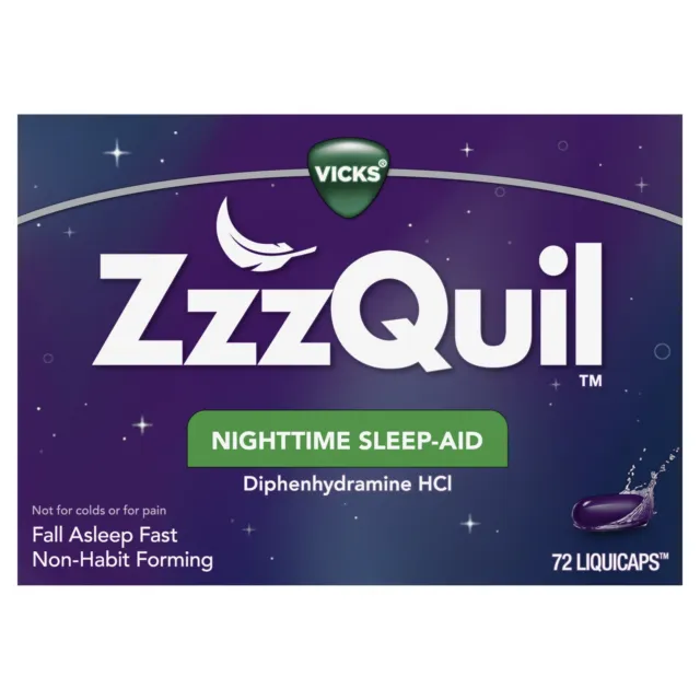 LiquiCaps de ayuda nocturna para dormir Vicks ZzzQuil, formación sin hábito, 72 quilates