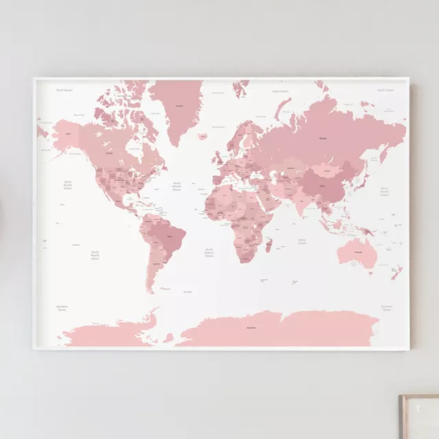 Large Pink A1 Decorative Map of the World Poster Print Girls Travel Wall Art