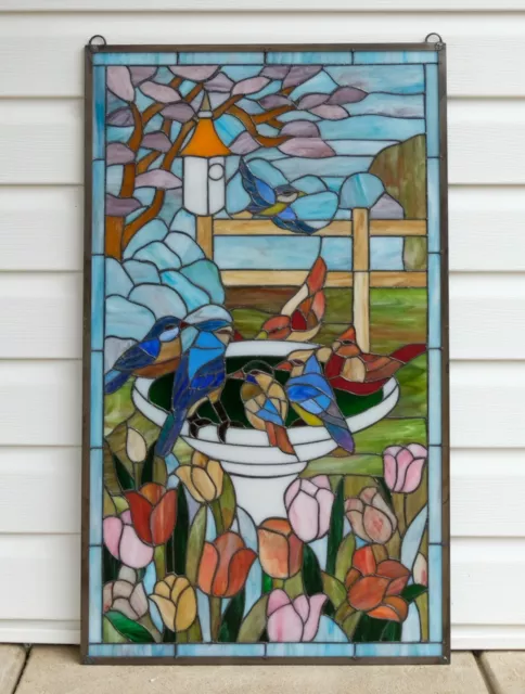 Stained glass window panel bird bath birds w/ Flowers, 20.5" x 34.75"