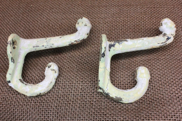 2 Old Coat Hooks Farm School House Heavy White On Green Paint Vintage 1880’s
