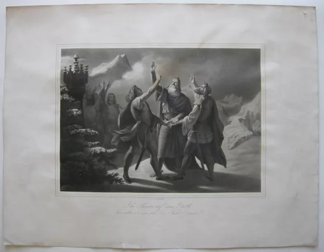 Schwur auf dem Rütli Schweiz Eidgenossenschaft Orig Mezzotinta 1850 Rahl