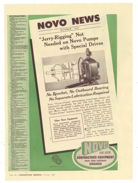 1947 Novo Engine Company Ad: Pronto Prime Centrifugal Pumps - Natl. Dealer List