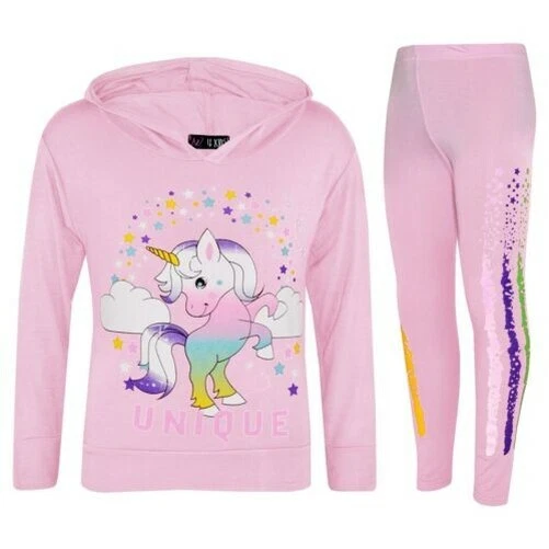 Bambine DAB Unicorn con Cappuccio Top Rosa & Set Leggings Floss Tuta