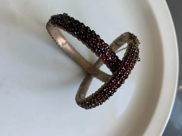 (2) Antique bracelets Natural Gold Gilt Garnet Czech Bangles