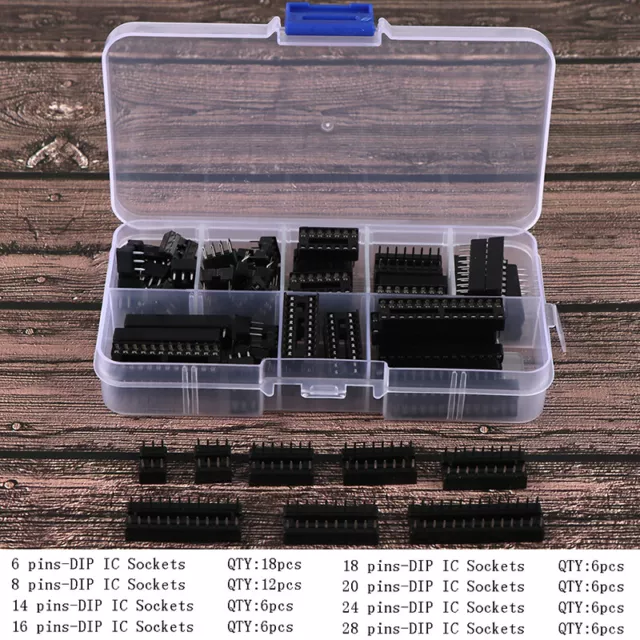 66Pcs/Box DIP IC Sockets Solder Type Socket Kit 6/8/14/16/18/20/24/28 Pin .zy