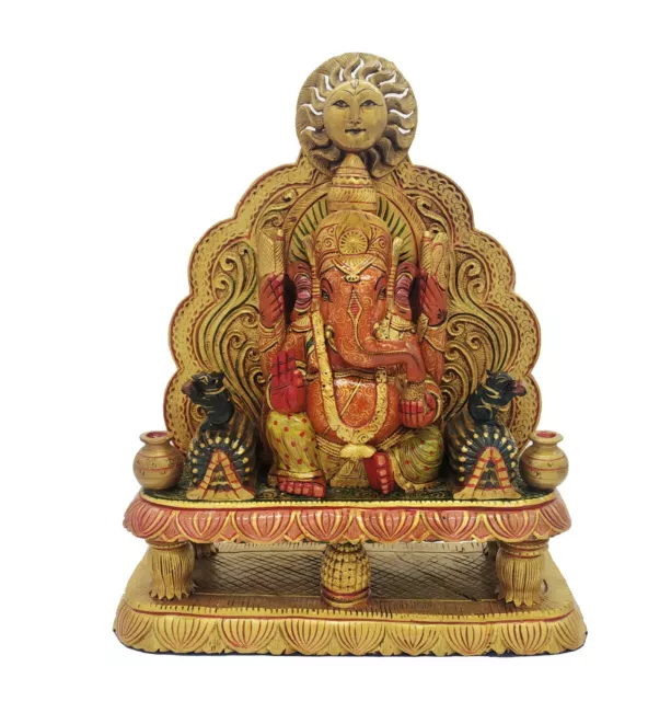 Wooden Ganesha hand carved With Throne Antique finishes Painted Elephant God