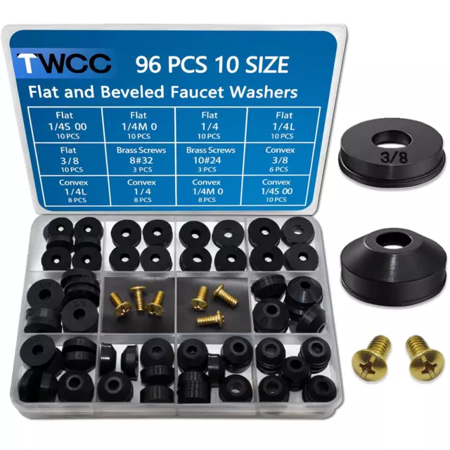 TWCC 96 pc Flat and Beveled Faucet Washers and Brass Bibb Screws Assortment for