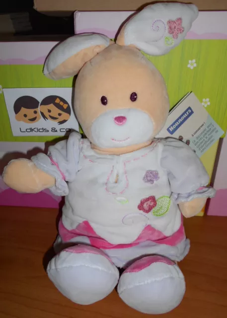 Doudou Peluche NOUNOURS LAPIN ROSE MAUVE FLEURS 35 cm NEUF - D427