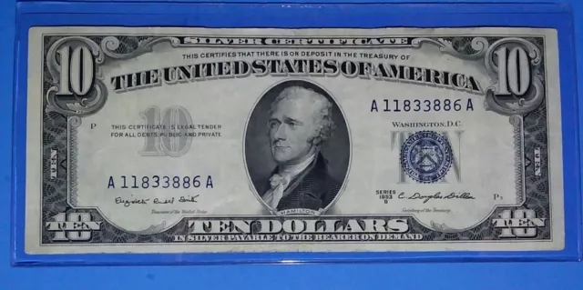 1953B $10 "Blue Ten" Silver Certificate ! Vf.circ.! Old Us Currency ! Nice !