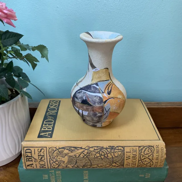 Small Studio Art Pottery Hand Painted Cubist Signed Vase Urn Earth Natural Tones
