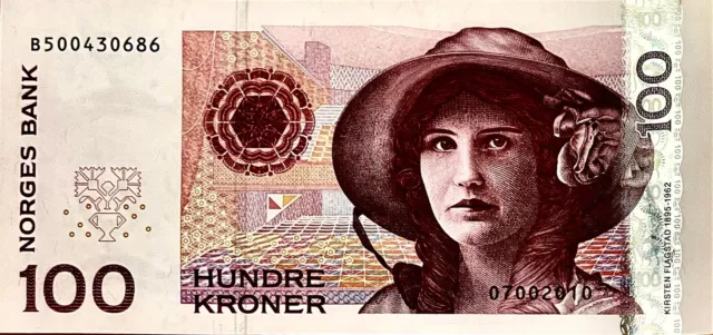 NORWAY 100 Kroner Banknote UNC 2006 P-49c Pic: Poet Kirsten Flagstad PP1208