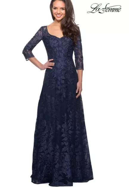 La Femme Womens Navy Floral Embroidered Mesh A-Line Gown