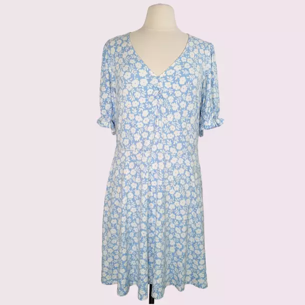 BODEN Blue Floral Dress Size 14 / L Knee Length Short Sleeve Ditsy Prairie Puff