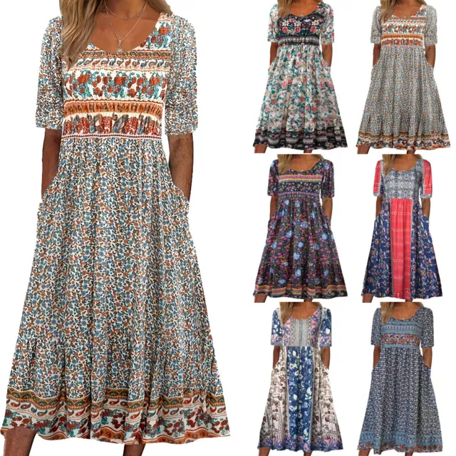 Boho Uk Abito Lungo Estivo Da Donna A Maniche Corte Con Stampa Floreale ^