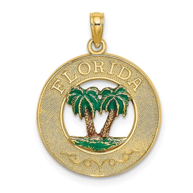 14K Yellow Gold Florida Enamel Palm Trees Circle Charm 14K Yellow Gold Florida Enamel Palm Trees Circle Charm