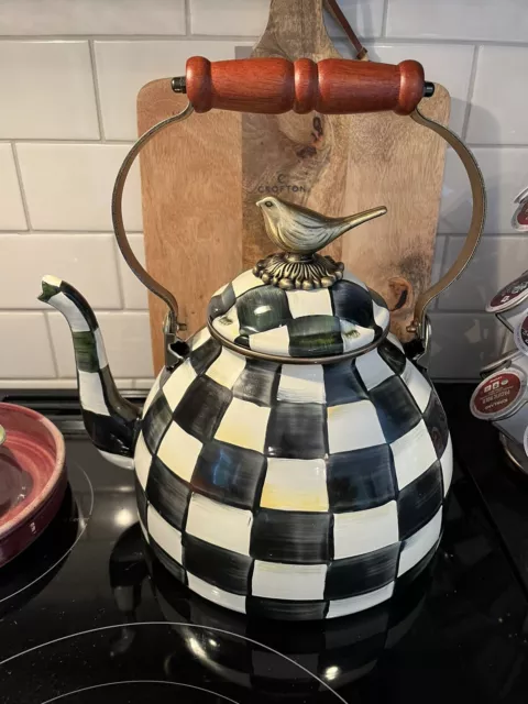 Mackenzie Childs Courtly Check Enamel Tea Kettle / Teapot 3 Qt w/ Bird Finial