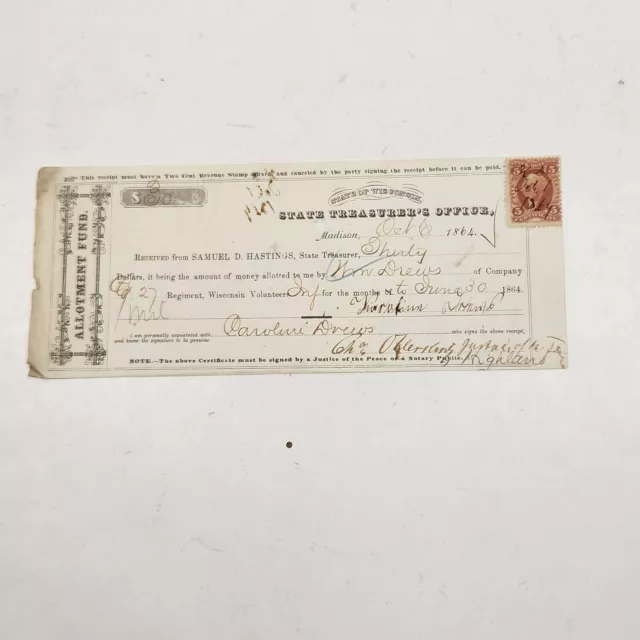 U.S. (State of Wisconsin) - Oct. 6, 1864 $30 Allotment Fund Receipt (Civil War)