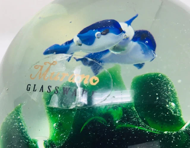 Murano Art Glass 3" Paper Weight Blue Dolphins Ocean Swimming Controlled Bubbles