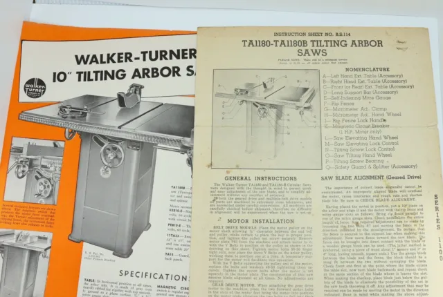 Original Walker-Turner Table Saw Instruction Sheet TA1180-TA1180B with Schematic