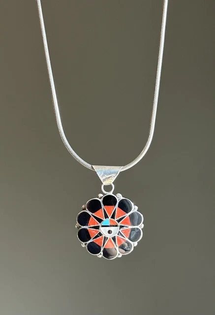 Vintage Zuni Necklace Sun Face Inlayed Onyx , Coral and Turquoise Signed.      F