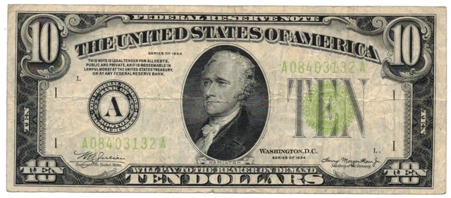 1934 $10 FEDERAL RESERVE NOTE-FR 2004-A-FN-FREE USA SHIP-FRN Boston