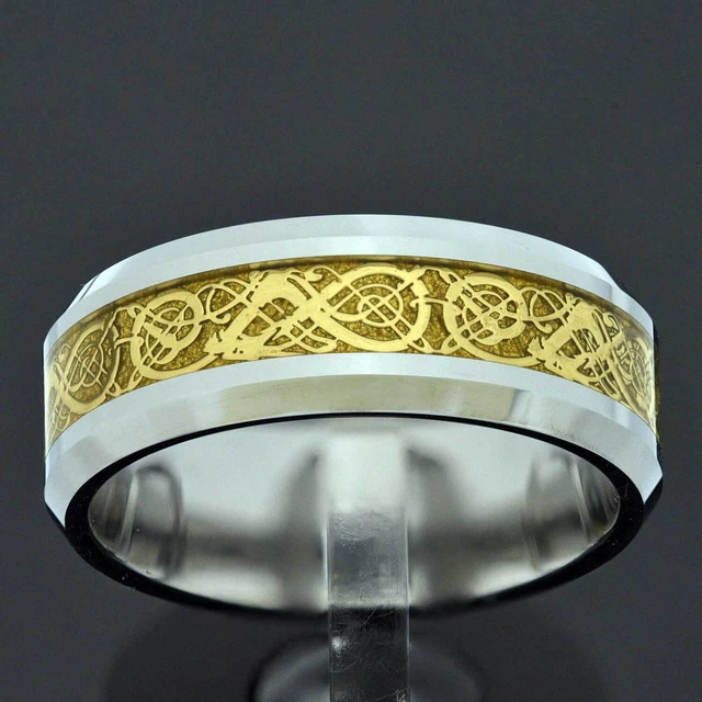 8mm Gold Tungsten Ring Celtic Filigree Dragon Inlay Men's Jewelry Wedding Band