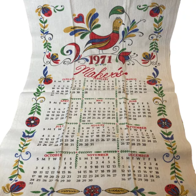 Vtg Maker's 1971 Bird Printed Linen 12 Months Art Tea Kitchen Calendar Towel