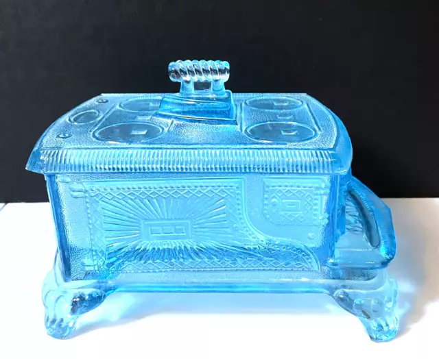 Antique EAPG 1885 King & Son Blue Daisy & Button Stove w/ Flat Iron Butter Dish