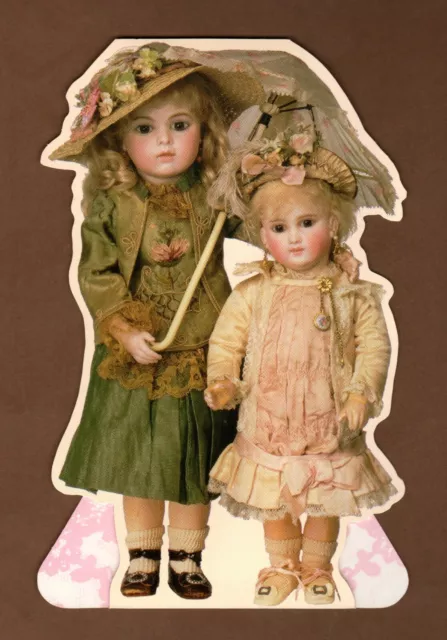 2 Victorian Girl Dolls Friendship Greeting Card, Displayable Stand-up, Die-Cut
