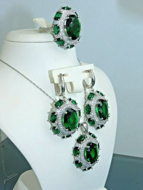 Turkish Handmade Jewelry 925 Sterling Silver Emerald Stone Women Earring Set