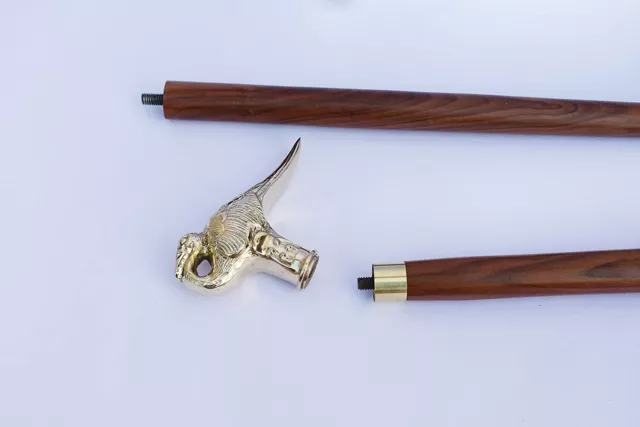 Brass Peacock Bird Shape Walking Stick Cane Red Wood Two Fold Unique Design Gift