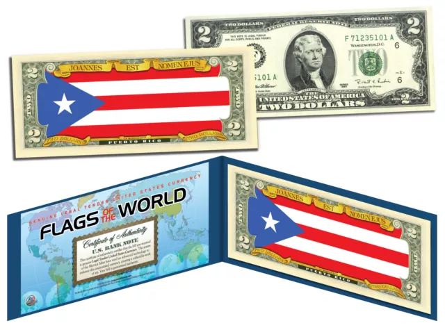 PUERTO RICO - Flags of the World Genuine Legal Tender U.S. $2 Bill Currency