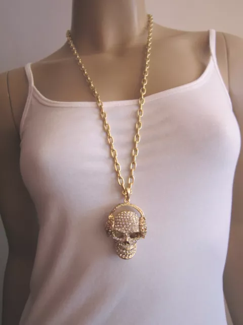 Modekette Hals Kette lang Strass Totenkopf mit Kopfhörern DJ Skull Gold Bling