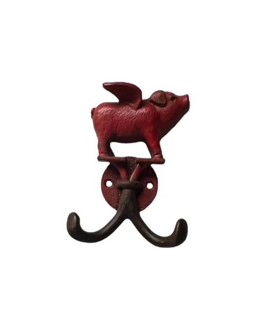 Rustic Cast Iron Red Flying Pig Wings Wall Double Hook Towel Coat Hanger